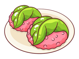 Sakura Mochi (Cherry blossom sweet rice cakes) illustration vector. Japanese confection (wagashi), pink-colored rice cake (mochi) with red bean. Japanese dessert rice cakes with sakura leaf.