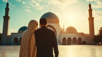 Newlyweds Enjoying the Sunset at the Mosque