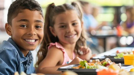 Two children are smiling and sitting at a table with food