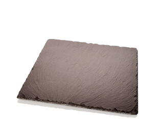 Single slate stone serving board, macro, isolated on white background.
