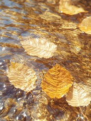 Sparkling Golden Leaves Floating on Water. AI generated illustration