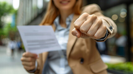 Woman in business suit shows fist, strong and confident workers