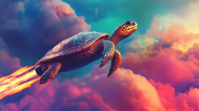 3D image of a turtle flying on a rocket, defying expectations, with a colorful sky background, symbolizing an imaginative journey.