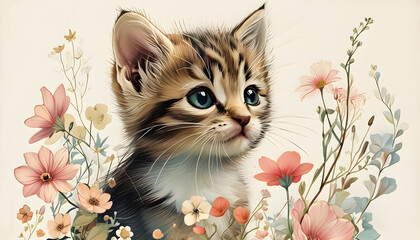 Cute Kitten with Flowers Watercolor Painting Illustration