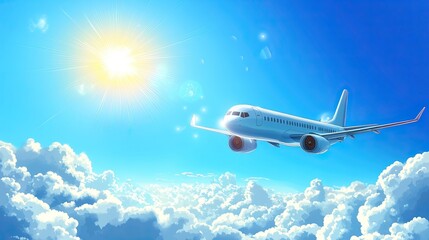 A cartoon airplane soars above the clouds against a bright blue sky, with the sun shining in the background,