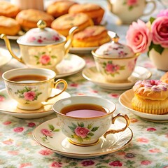 Fototapeta premium Pink Roses Teapot and Teacups Set the Scene for a Charming High Tea Party