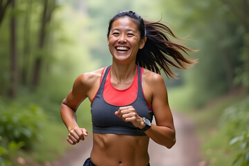 healthy woman with beautiful smile trail running, marathon, triathlon running, outdoor nature