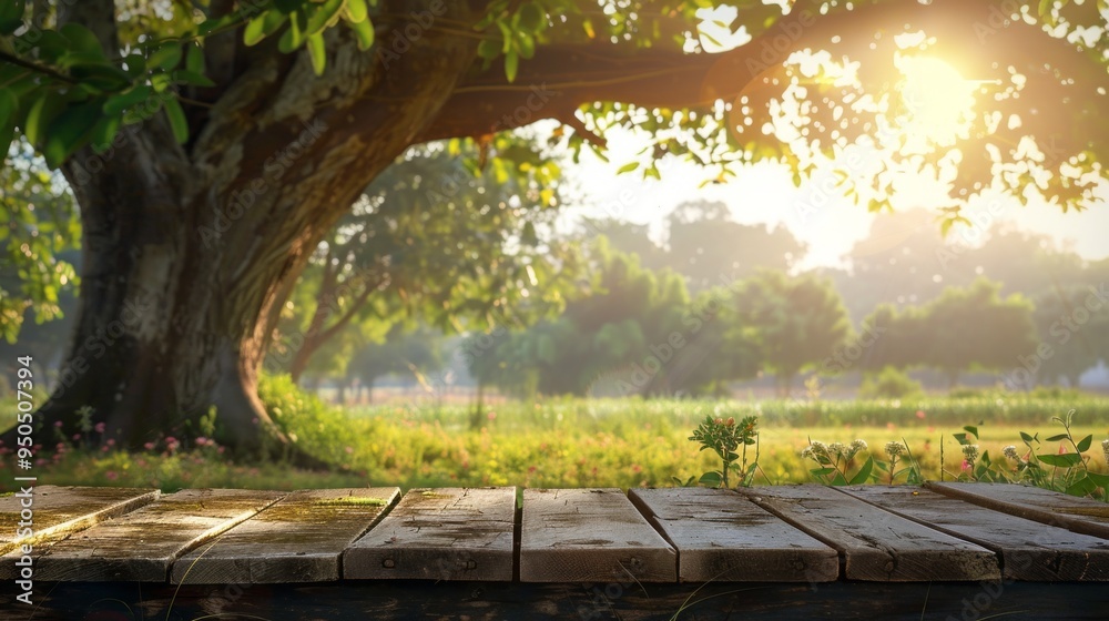 Poster A wooden table with a tree in the background