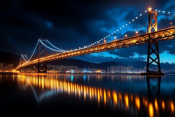 Obraz premium Bridge Suspension, Steel, and Nighttime depicted in a nighttime scene where a suspension bridge is beautifully lit, its lights reflecting on the water below, creating a captivating urban view