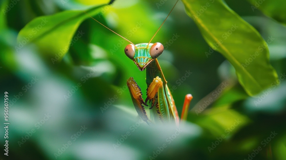 Poster A Praying Mantis Among Green Leaves