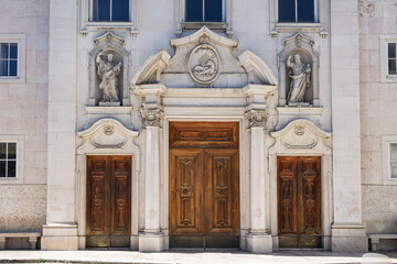 Saint Paul Church (Igreja de Sao Paulo, 1768) has a single, rectangular nave with two square bell towers. Lisbon, Portugal.