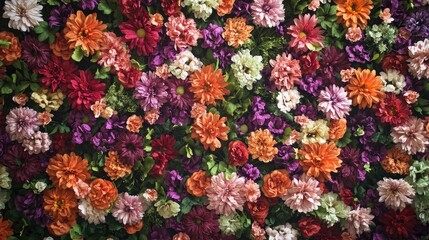A stunning floral wall backdrop featuring a vibrant mix of red, orange, pink, purple, green, and white chrysanthemums,
