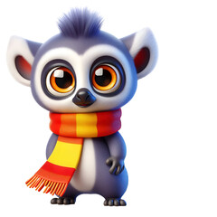 cutout 3D cartoon caracter   A vibrant lemur , expressive eyes, always wearing a bright scarf..  isolated on transparent background