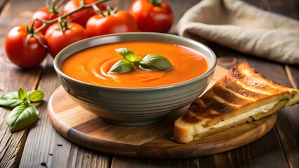 A comforting bowl of creamy tomato soup with a grilled cheese sandwich on the side