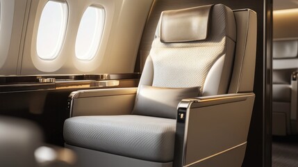Fototapeta premium A wide banner promoting first-class business seats, featuring luxurious details and a sleek airplane interior design,