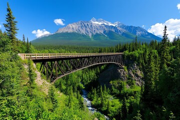 Bridge Truss, Rural, and Mountain depicted in a remote mountainous area where a truss bridge crosses a deep valley, surrounded by rugged peaks and dense forests