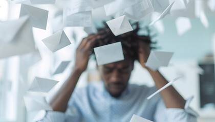 Frustrated young man and many falling envelopes