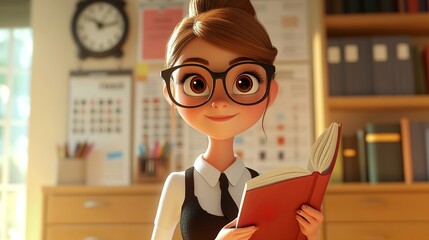 cartoon female teacher with glasses holding a book