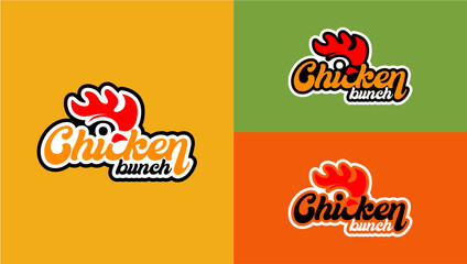 Chicken logo with red, amber gold, green, white color design template. Vector