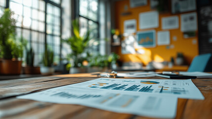 Executives reviewing a merger proposal in a stylish office, with detailed charts and documents.