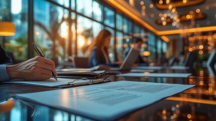 A high-stakes business negotiation scene, with executives reviewing contracts in a stylish boardroom.