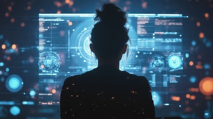 Futuristic Silhouette Against Glowing Digital Landscape