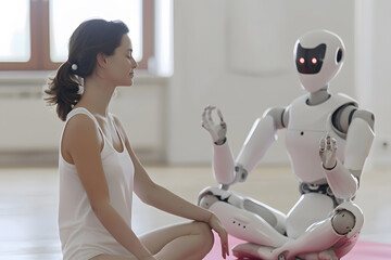 Humanoid Robot Teaching Yoga to Woman, Futuristic Fitness and AI Interaction Concept