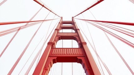 Low-angle view of an iconic red suspension bridge structure, showcasing intricate details and cables against a clear sky.