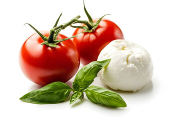 Fresh piece burrata cheese with basil and tomatoes close up isolated on white background