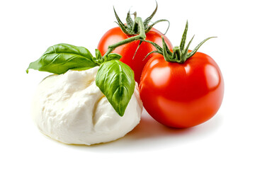 Fresh piece burrata cheese with basil and tomatoes close up isolated on white background