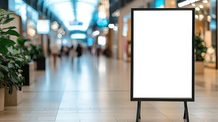 Obraz premium A blank signage board in a modern mall, surrounded by shoppers and vibrant displays, ready for promotion or advertisement.