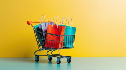 Colorful shopping bags in a cart on a vibrant yellow background. Perfect for retail, shopping, and consumer themes.