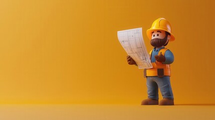 A 3D clipart of a construction worker holding a blueprint, in a vibrant setting, white background,