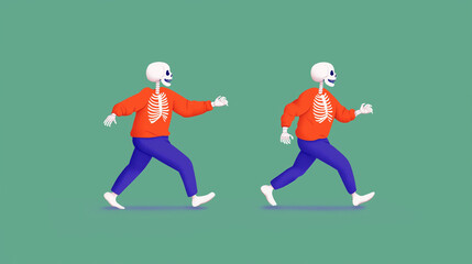 Fototapeta premium Two cartoon skeletons with big smiles wearing colorful clothes are happily running