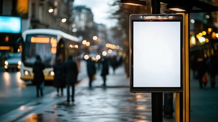 Empty advertising billboard on a city street with pedestrians and buses in the background on a rainy evening.