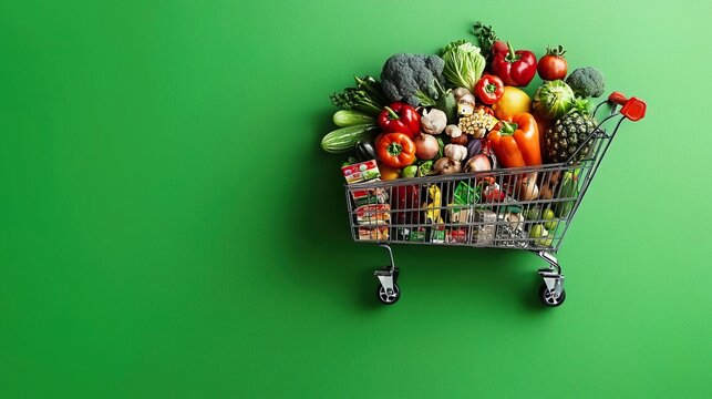 Colorful fresh vegetables and fruits in a shopping cart on a bright green background, perfect for health and nutrition themes.