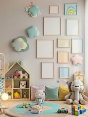Room wall, pastel colors,  12 frames mockup on the wall,  toys on the floor