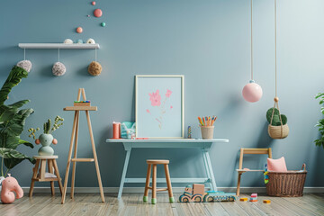 A kids artwork on the wall of a tidy children's nursery