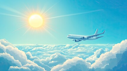 In a cartoon landscape, a passenger airplane flies high above the clouds with the sun shining brightly in the blue sky,
