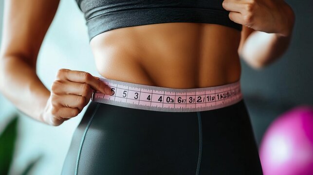 A close-up of a woman's waist as she measures it with a tape measure, showcasing health and fitness themes.