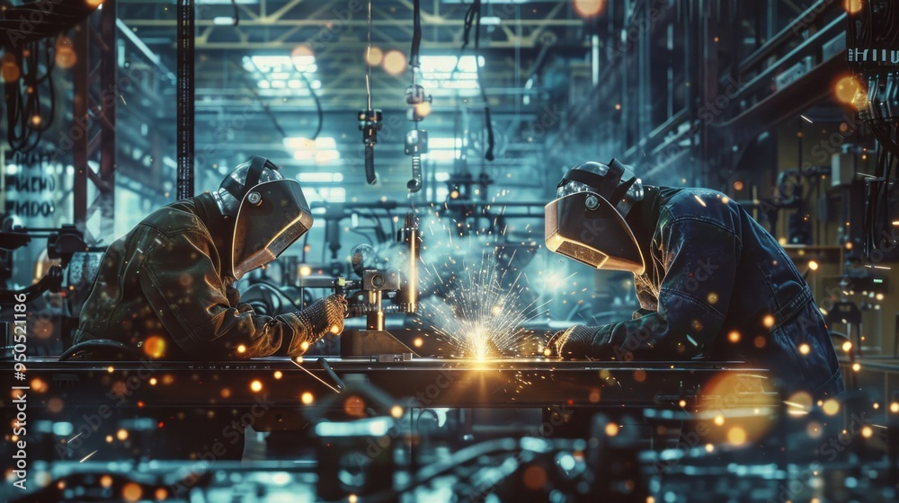 Poster two men are working on a machine in a factory