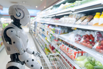 Humanoid Robot Pushing Shopping Cart in Supermarket Aisle – Advanced Robotics in Retail Environment