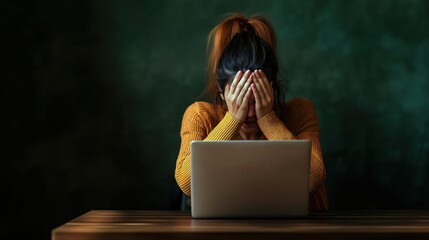A stressed individual covers their face in frustration while working on a laptop, symbolizing burnout and mental fatigue.