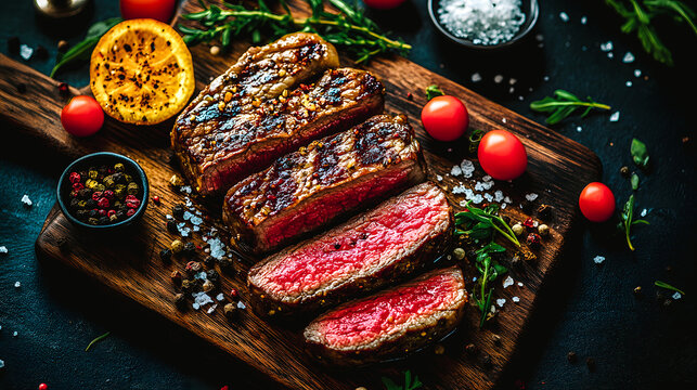 Roti de boeuf en tranche sur planche en bois
