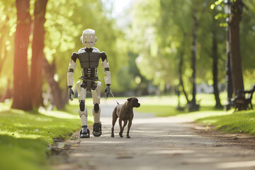 Obraz premium Humanoid Robot Walking a Dog in a Beautiful Park, Futuristic AI and Outdoor Leisure Concept