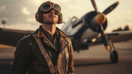 A pilot in a classic leather jacket and aviator goggles, standing beside a WWIIera aircraft on an airstrip, with a soft, vintage filter Medium shot, eyelevel
