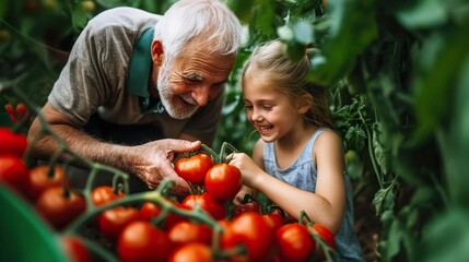 A joyful moment of an elderly man and a girl harvesting fresh tomatoes together in a vibrant garden.