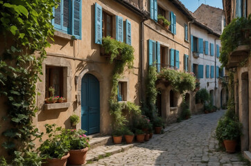 Charming Narrow Alley with Blue Shuttered Stone Houses and Lush Ivy in a Historic Village