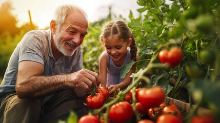 An elderly man and a young girl joyfully harvest fresh tomatoes together in a vibrant garden. A moment of love and laughter.