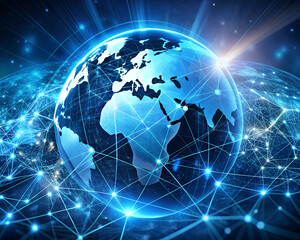 Naklejka premium Abstract global network concept with a blue glowing world map, data transfer and cyber technology background digital connections across the globe in abstract form Generative AI